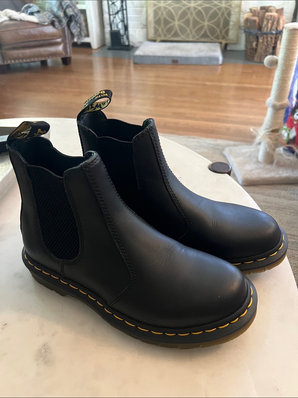 Dr. Martens Men's Black Leather Chelsea Boots with Yellow Stitching